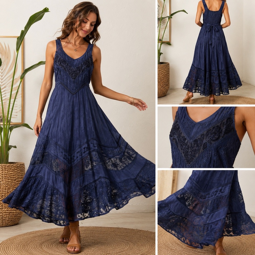 Sakkas Navy Blue Embroidered Lace Boho Maxi Dress Hippie L/XL Sleeveless Tiered